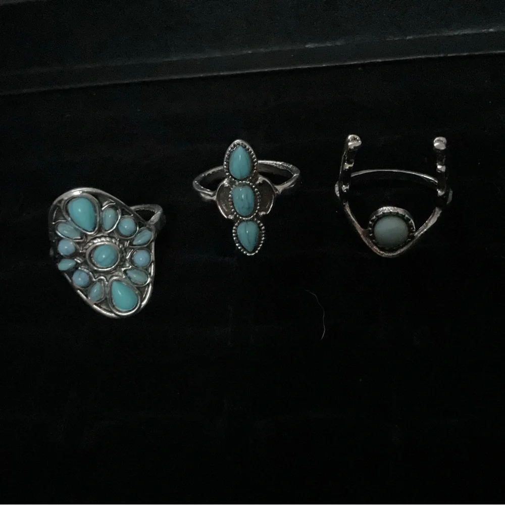 New x3 Silver Tone Rings Turquoise Inspired Trendy Fashion Ring Set Size 7 / 8